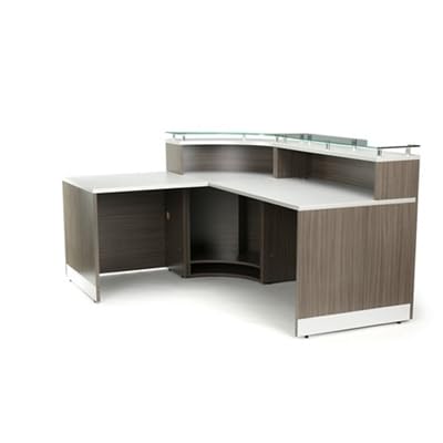 nbf signature series Esquire Modern Reception Desk - 79" W x 63" D Driftwood Laminate/Silver Laminate Desktop Kickplate and Accents/Checkout Counter Glass Top