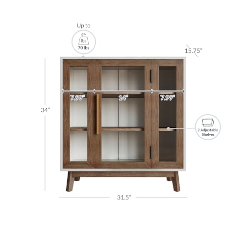 BELLEZE Sideboard Buffet Cabinet, Modern Curio Cabinet 3-Tiers Console Table for Kitchen Glass Display Cabinet Storage/Pantry Cabinet Coffee Bar for Living Room Bedroom Entryway, Brown