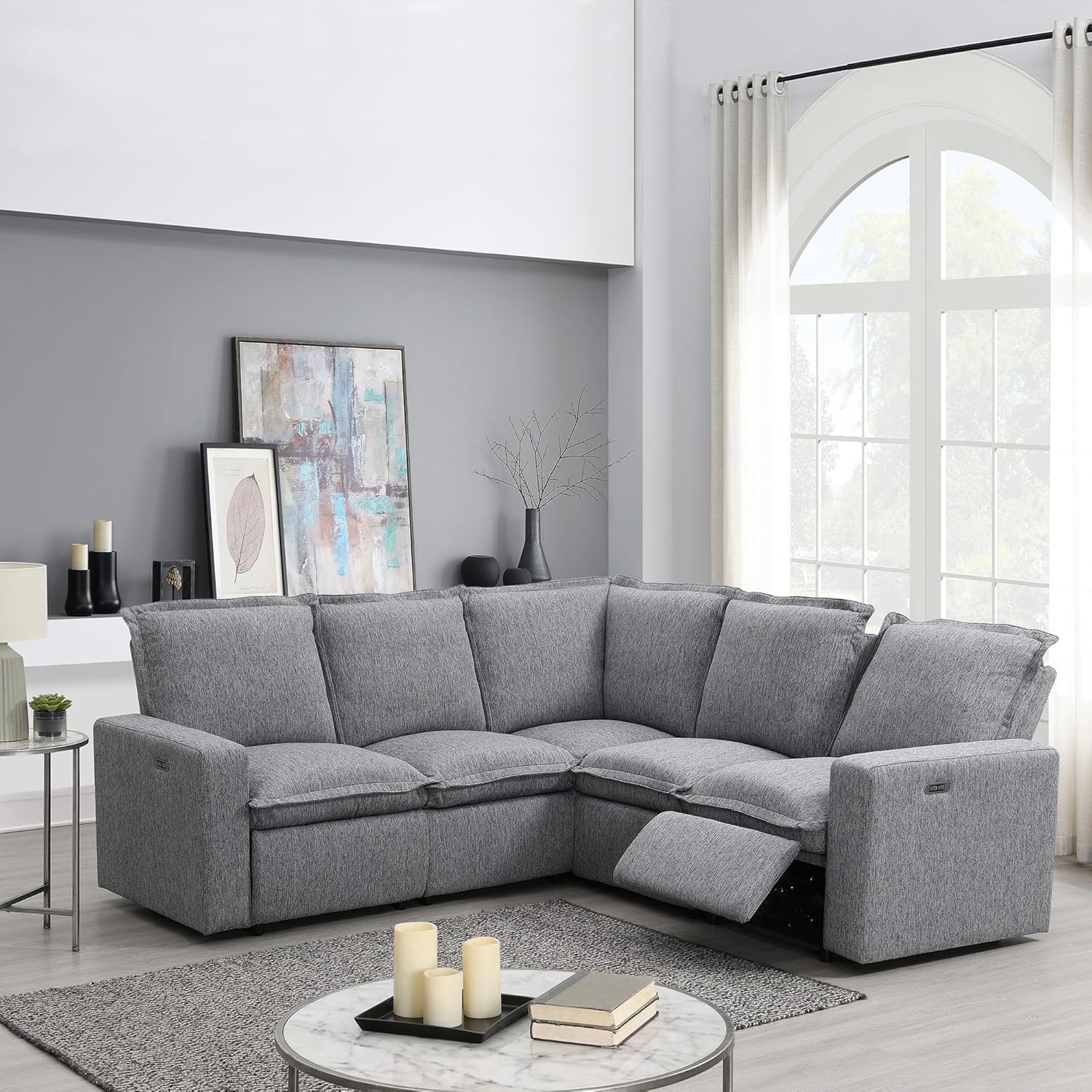 89'' Modular Sectional Sofa Couch, Convertible L Shaped Sofa with Power Recliner Chair, Modern 5-Seater Corner Sofa with USB Port, Seating Soft Chair Couch for Living Room, Home Office, Theater
