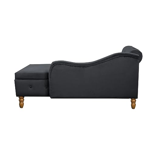 Chaise Lounge Indoor,Velvet Lounge Chair for Bedroom with Storage & Pillow,Modern Upholstered Rolled Arm Chase Lounge for Sleeping with Nailhead Trim for Living Room Bedroom Office (Black)