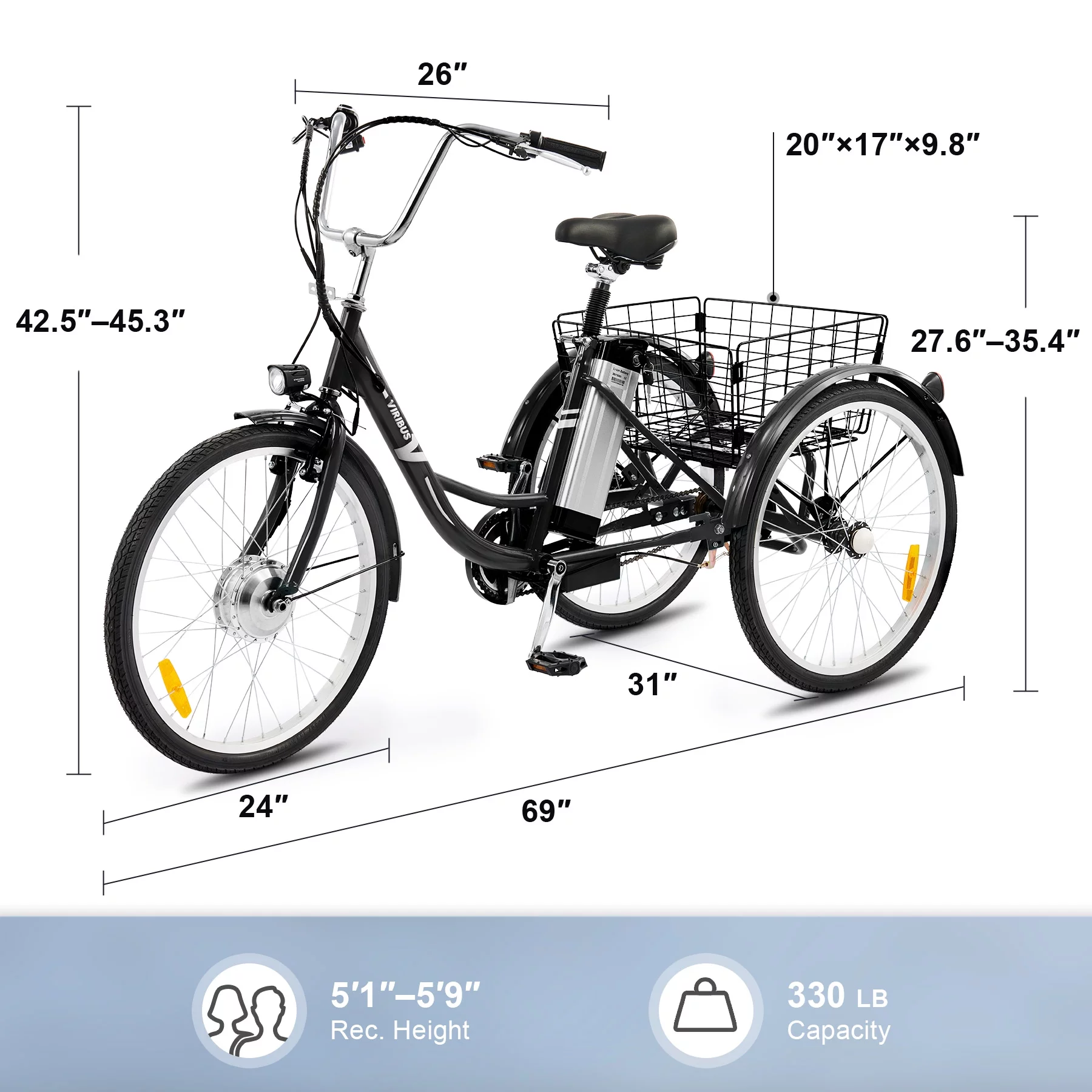 26" Electric Tricycle for Adults 3 Wheel Electric Bike 250W Electric Trike Black