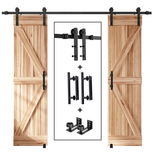 EaseLife 12 FT Double Sliding Barn Door Track and Handle Hardware Kit,Straight Pulley,Slide Smoothly Quietly,Easy Install (12FT Track Kit for 33"~36" Wide Double Door)