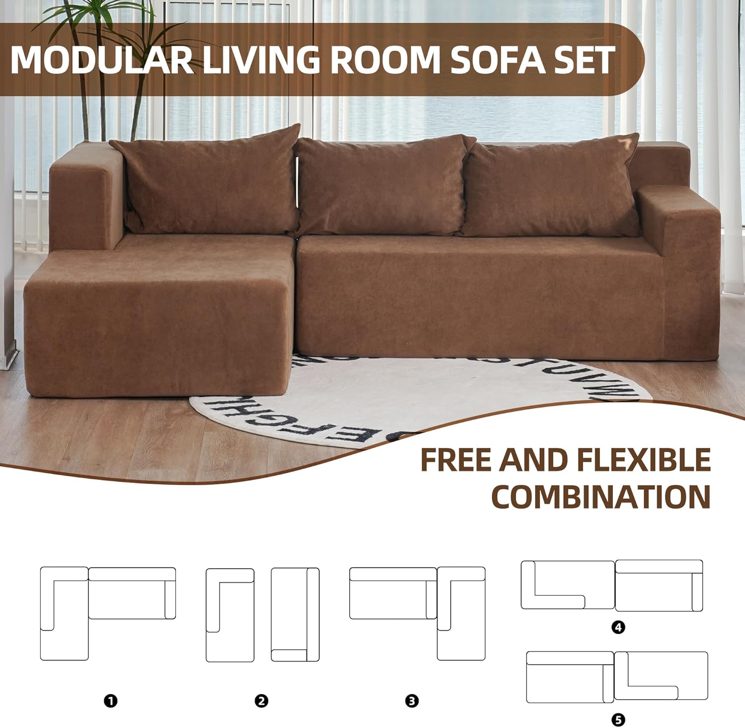 Modern L-Shape Modular Sectional Couch with Chaise Lounge, Comfy Snow Velvet Fabric Sofa for Living Room & Apartment, Stylish & Versatile Upholster, khaki