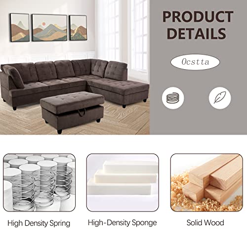 112''*84'' Sectional Couch, Corduroy Sectional Sofa Set, L Shaped Sofa Set for Living Room, Living Room furniture Set Apply to Home, (Sectional Sofa+Ottoman) Brown