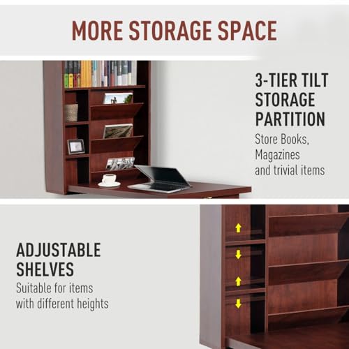 Wall Mounted Desk Cabinet - Fold Out Convertible Desk - Folding Work Table - Floating Desk with Storage Shelves - Multifunctional Writing Desk - Space Saving and Water Resistant - Mahogany