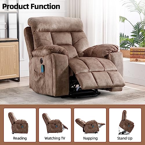 CANMOV Large Power Lift Recliner Chair with Massage and Heat for Elderly Big and Tall People, Overstuffed Wide Recliners with 2 Cup Holders, Side Pocket and USB Port, Camel