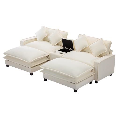 Sectional Couches for Living Room, Sectional Sofa Comfy Sofa Couch with 2 Removable Ottoman & 2 USB Ports, Built-in 2 Cup Holders and Storage Box, 2-Seat Small Couches for Bedroom, Apartments, Beige