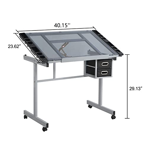 Glass Drafting Tables Drawing Desk - Adjustable Diamond Art Desk Versatile Art Craft Station Study Table for Artist Painters Painting in Home Office - Silver