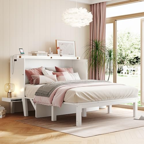 Queen Murphy Bed, Modern Wall Bed with Desk, Built-in Dual Power/USB Ports, Wood Murphy Bed Cabinet Bed Removable Shelves, Murphy Bed Chest Murphy Bed Frame for Guest Bedroom, Pulley Design, Grey