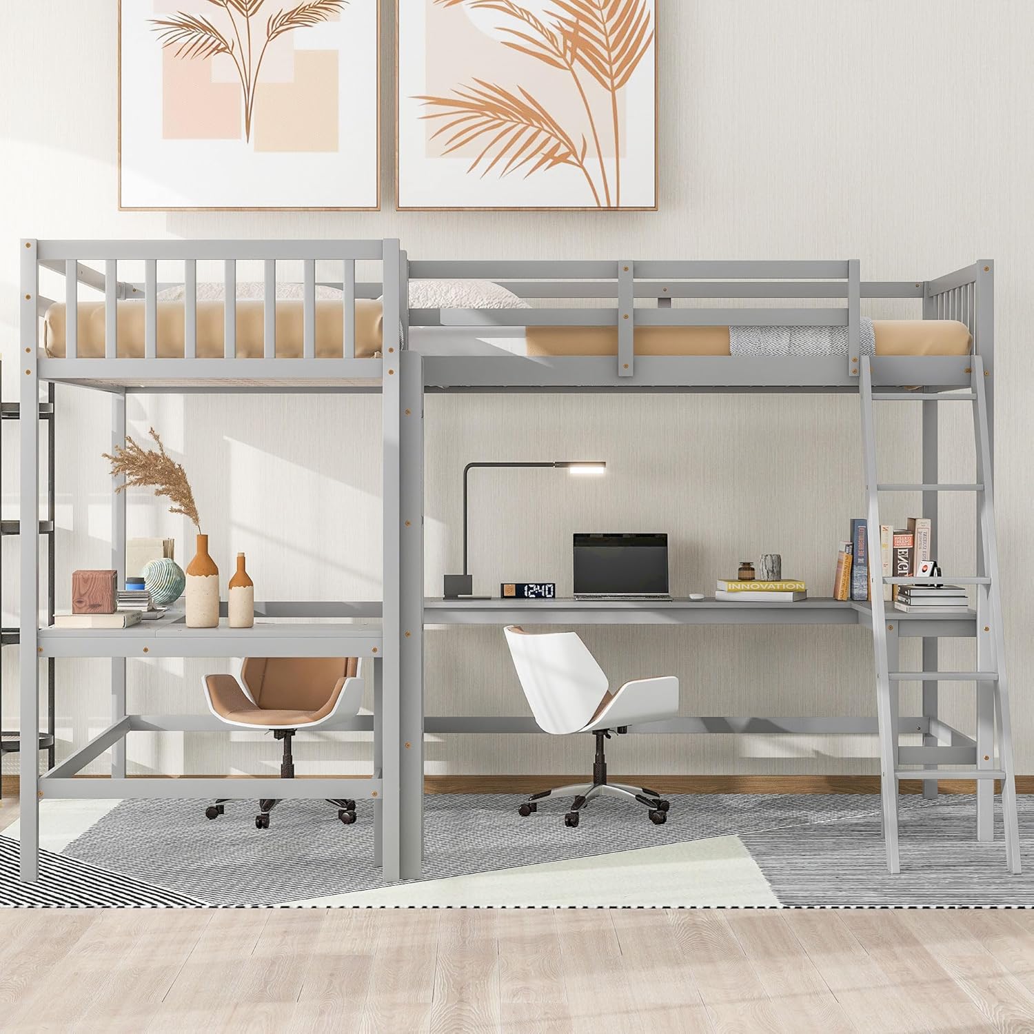 L-Shaped Double Twin Size Loft Beds for 2, Wooden Double High Loft Bed Frame with 2 Built-in Desks and Ladder for Kids, Teens, Adults, Gray