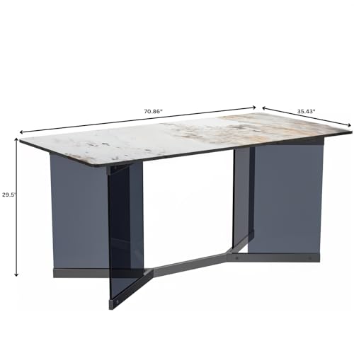 LeisureMod Modern Rectangular Table with Glass/Sintered Stone Top and Stainless Steel Base, 4 to 8 People for Dining Room and Kitchen Oryn Series, 71 Inch, Medium Grey