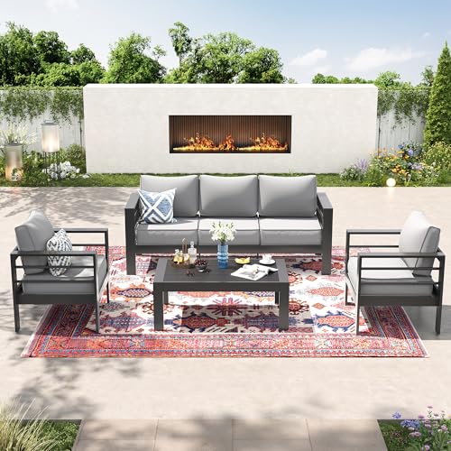 UDPATIO 8 Piece Aluminum Patio Furniture Set, Oversized Modern Outdoor Furniture Set with Olefin Fabric Cushion for Patio Deck Backyard, Dark Grey(with Waterproof Covers)
