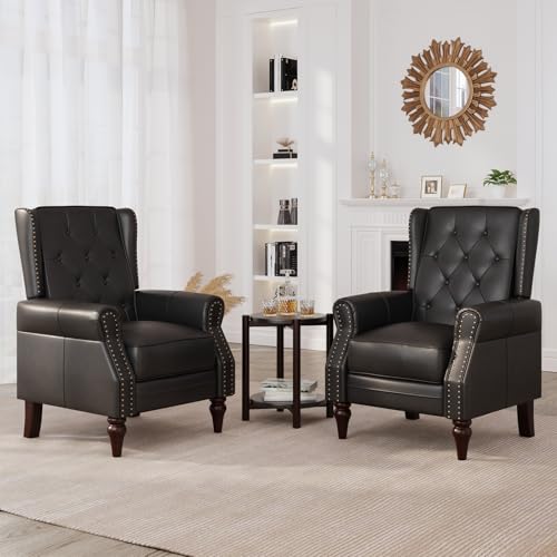 Lazy Boy Recliner Chair, Faux Leather Wingback Chair, Single Sofa Chair with Rivet Trim and Tufted Button, Club Chair with Wooden Legs, Pushback Arm Chair for Living Room Bedroom Club Cafe, Matt Brown