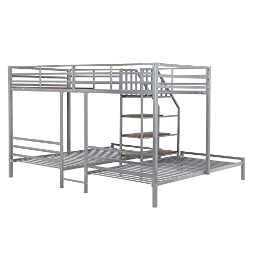 Versatility Full-Over-Twin-Twin Bunk Bed with Wardrobe and Mirror, Solid Wood Triple Bunk Bed Frame with Safety Guardrail and Built-in Shelves, 3 Beds in 1 for Kids Teens Adults (Grey-Mi)