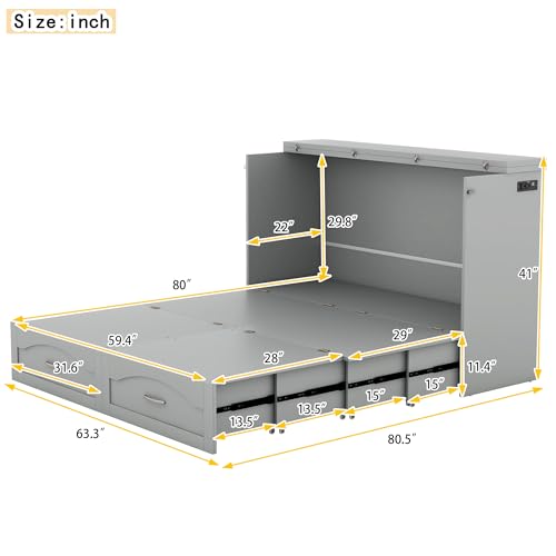 Convertible Murphy Bed 2-In-1 Wall Bed Solid Wood Murphy Cube Bed w/Drawer&Sockets/USB Ports for Teen Adult, Folding Storage Chest Bed Platform Bed Frame w/Headboard for Home Office Dorm (Queen,Grey)