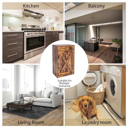13 Gallon Tilt Out Trash Cabinet with 2 Drawers Wood Hidden Kitchen Recycling Cabinet Free Standing Pet Proof Trash Can Laundry Cabinet for Kitchen (Rustic Brown)