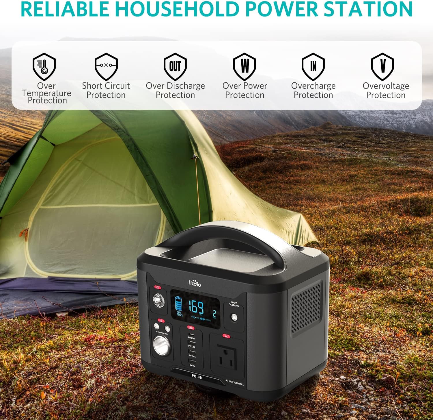 Fiodio Portable Power Station 300Wh, Solar Generator with AC110V 300W AC Outlet, PD 60W Quick Charge, Charge up to 8 Devices, Backup Battery for Home Camping Emergency Use