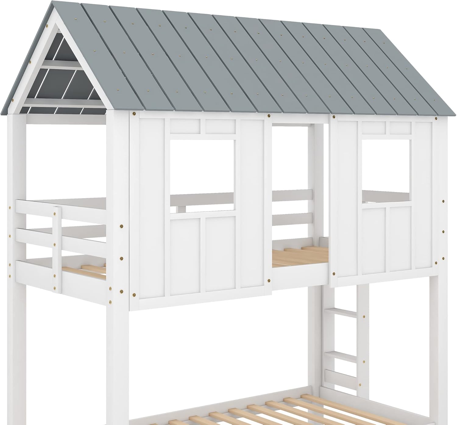 Twin Over Twin House Bunk Beds with Trundle, Wood Bed Frames with Two Front Windows and Roof for Toddlers/Boys/Girls, White
