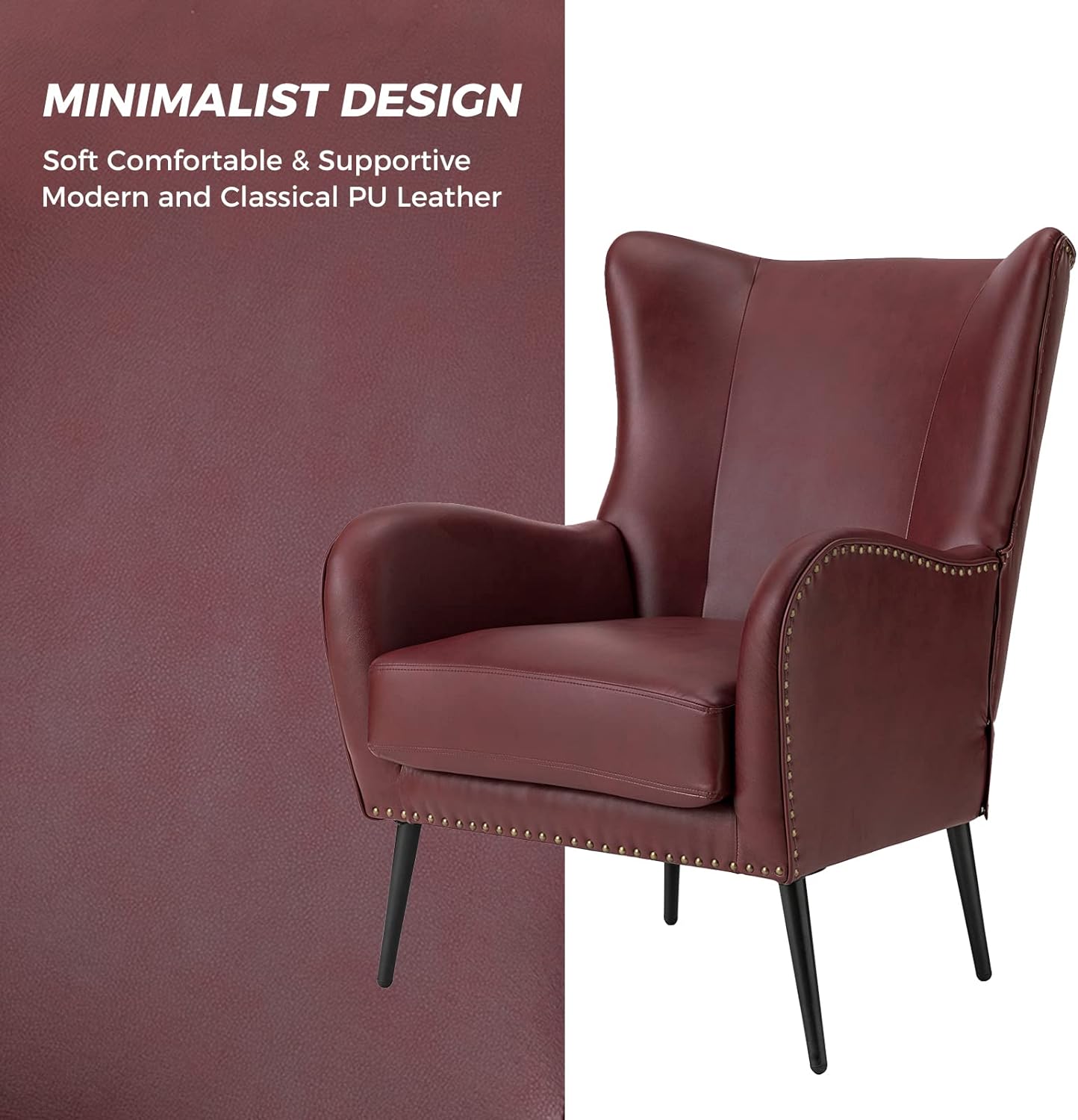 Faux Leather Accent Chair Set Of 2 W/Removable Cushion, Comfy Upholstered Armchair With Metal Legs & Nailhead Trim Wingback Vanity Chair Desk Chair For Reading Living Room Bedroom,BURGUNDY