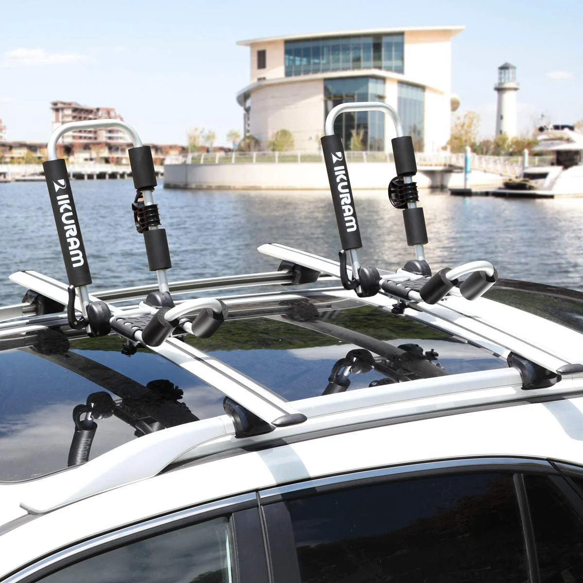 IKURAM Kayak/Surf/Ski Roof Carrier Rack of J-Style Folding Universal Field & Stream 3-in-1 Multifunction for Canoe, SUP, Kayaks, Surfboard and Ski Board Rooftop Mount on SUV, Car and Truck