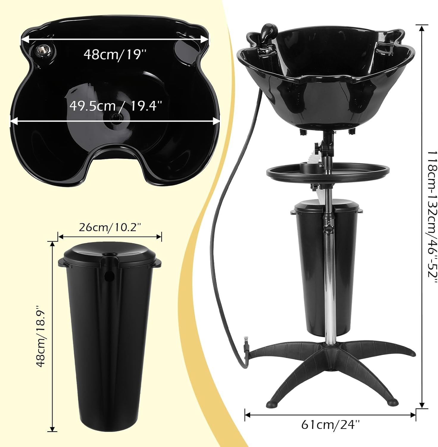 Dyna-Living Portable Shampoo Bowl Salon Deep Shampoo Basin Sink for Washing Hair with Adjustable Height, Includes Drain Hose and Bucket, Barber and Stylist Hair Washing Station