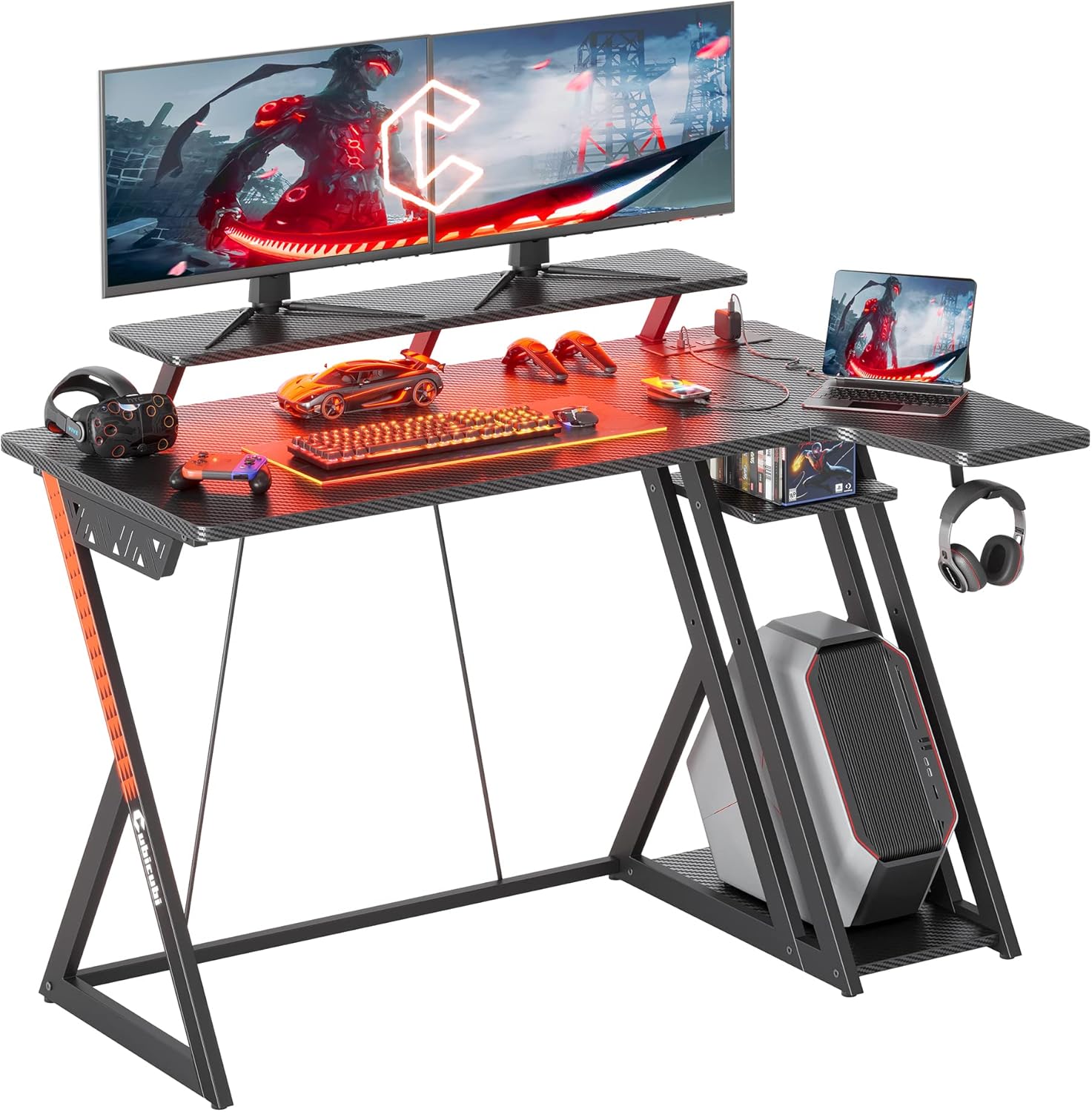 CubiCubi Aurora Gaming Desk with LED Lights & Power Outlets, 40 Inch L Shaped Carbon Fiber Surface Desk with Storage Shelves, Small Corner Computer Desk with Monitor Shelf, Gamer Desk PC Table, Black