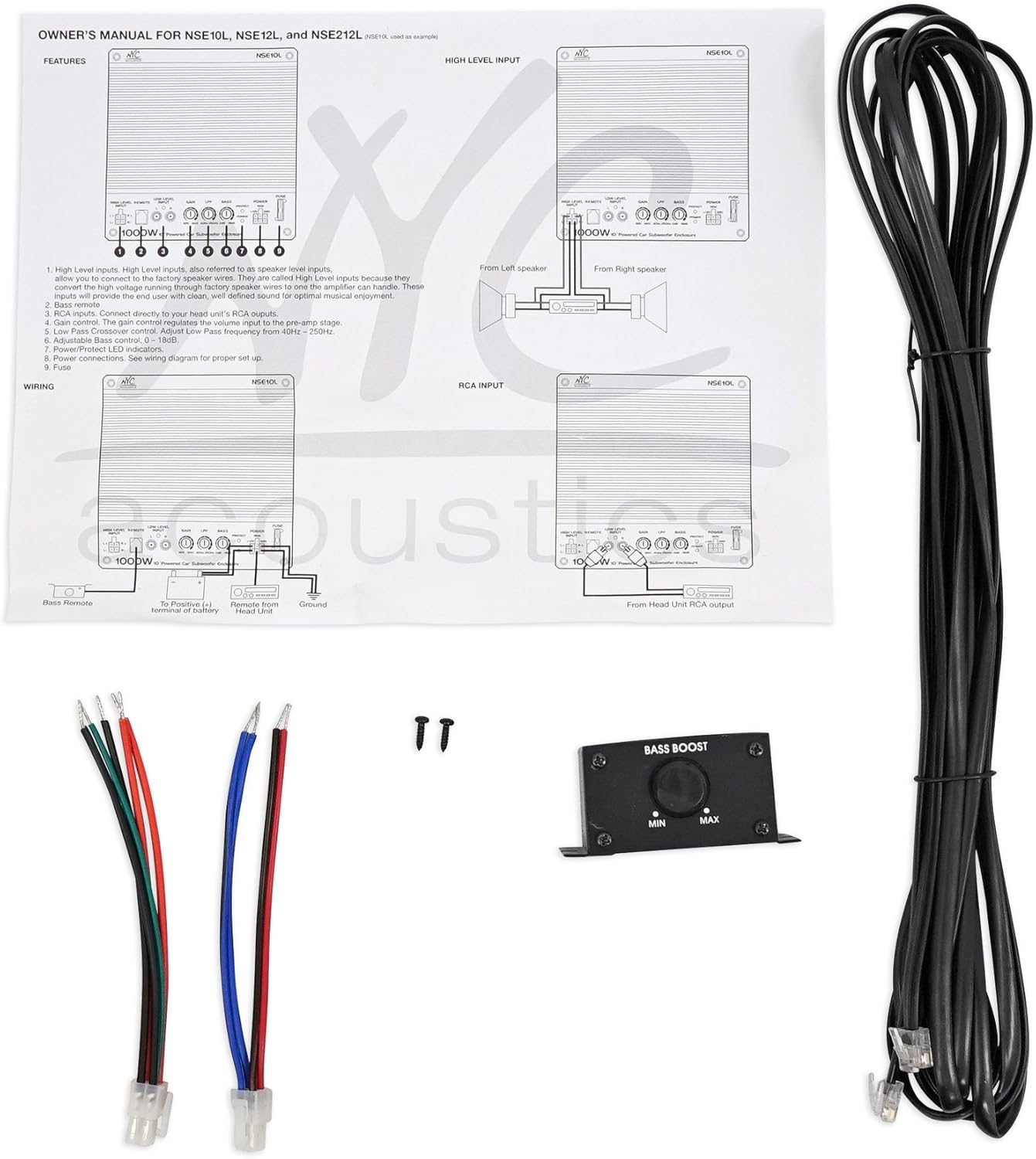 NYC ACOUSTICS NSE212L Dual 12" 1800w Powered Car Subwoofer System+LED+Wire Kit