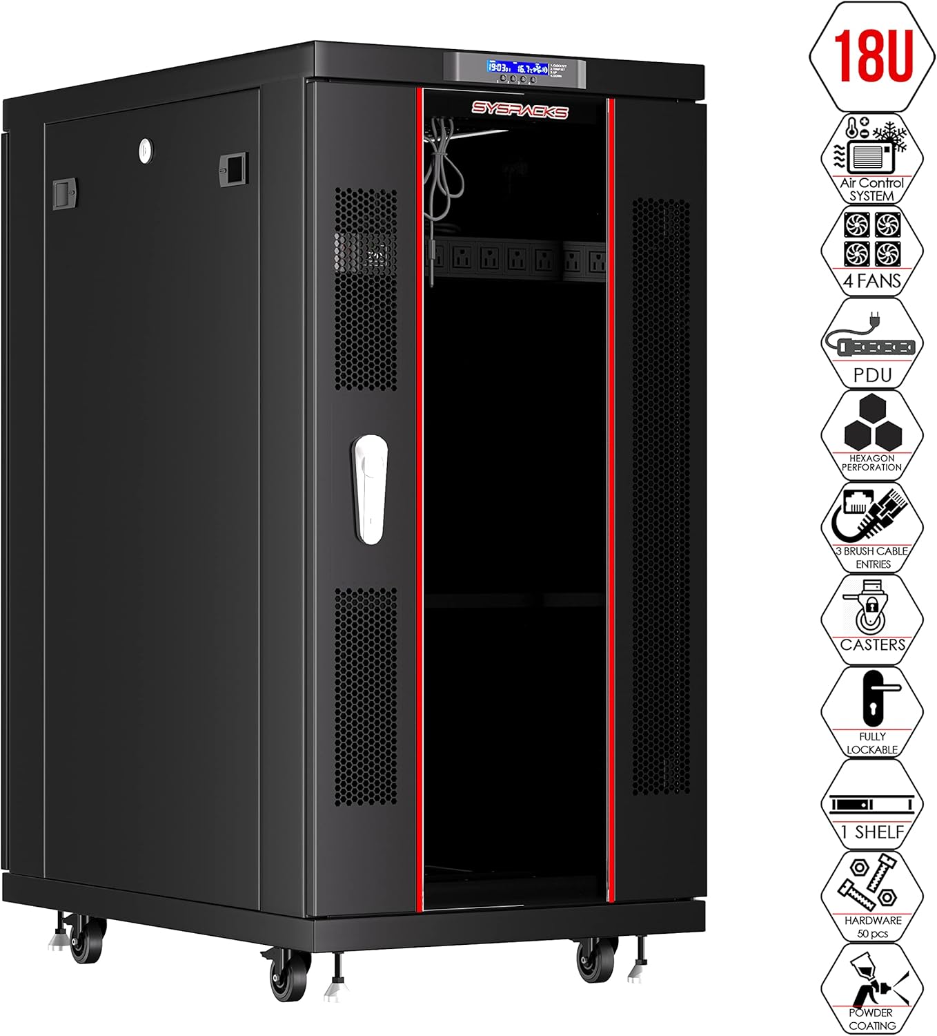 Sysracks 32U 39-Inch Deep Server Rack Cabinet It Enclosure Server Cabinet with Accessories - LCD Screen - Thermostat - PDU - Casters - 4 Fans �C Shelf