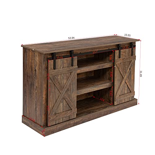 Yoglad Wooden Farmhouse Style 53.9 Inch TV Stand Storage Shelves, Entertainment Center Television Stands with Sliding Wood Barn Doors, Cabinet Console for Living Room Bedroom, Rustic Natural (04)