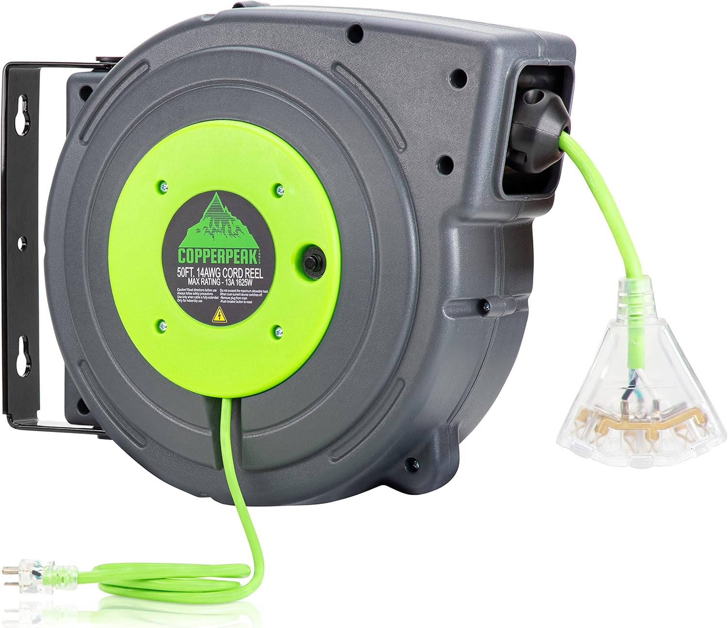 CopperPeak 50 ft Retractable Extension Cord Reel - Ceiling or Wall Mount - 14 gauge - Blue and Black