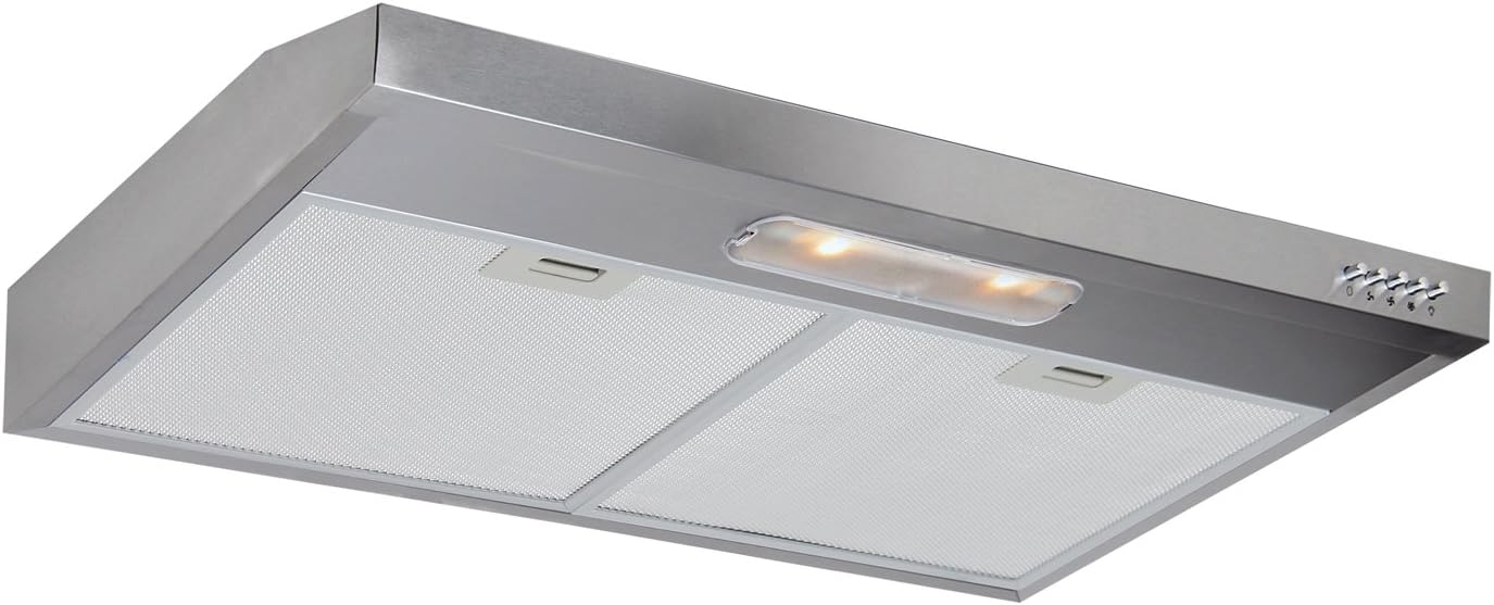 Under Cabinet Range Hood 30 Inch in Stainless Steel, Stove Hood Vent with 3 Speed Exhaust Fan, 350 CFM Dual Motor, Top or Rear Vent, Aluminum Mesh Filters, Push Button, Lights Included, Newfield