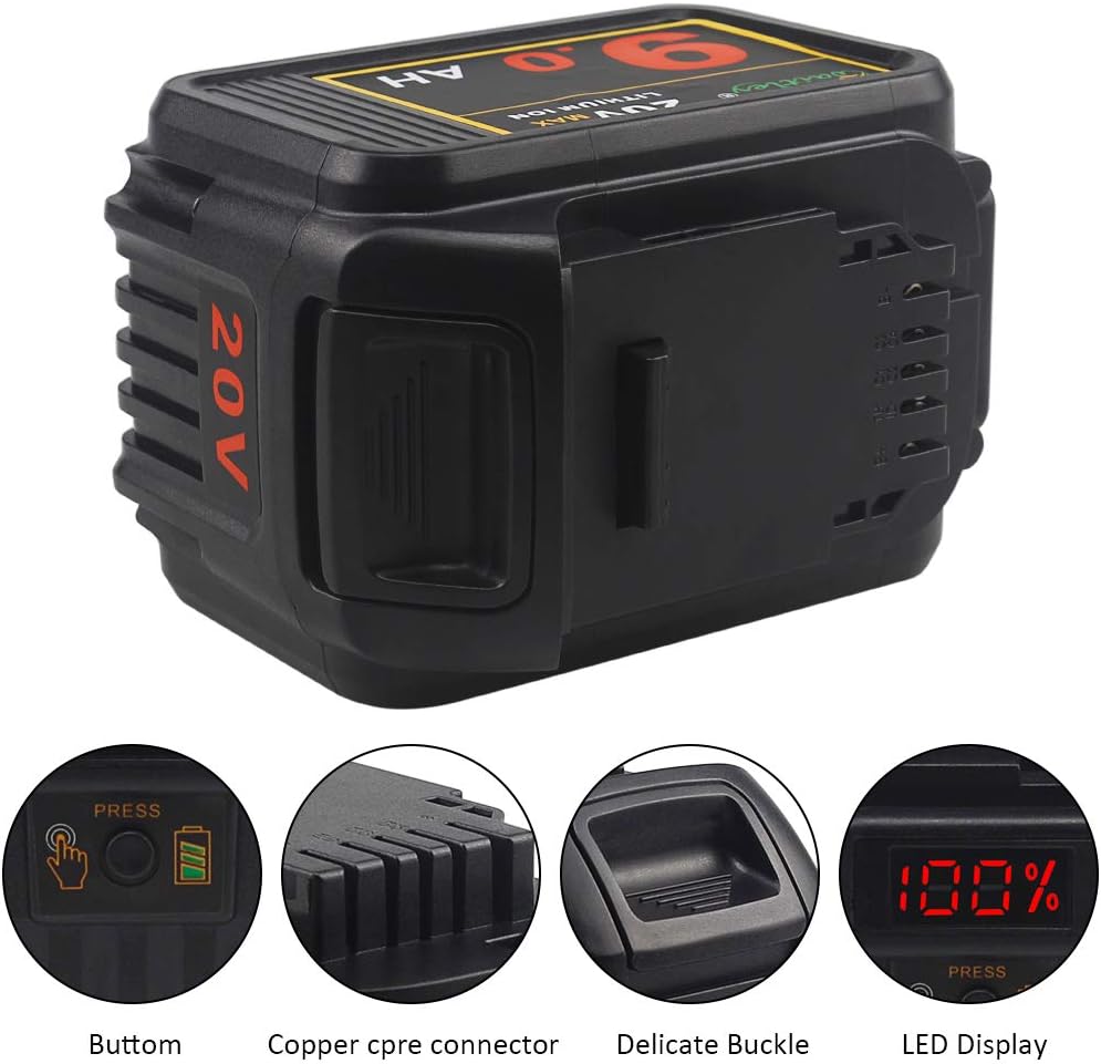 Waitley 20V MAX 9.0Ah Lithium Ion Battery Compatible with DEWALT DCB200 DCB204 DCB205 DCB206 DCB209 DCD/DCF/DCG Series Tools with LED Indicator Pack of 2