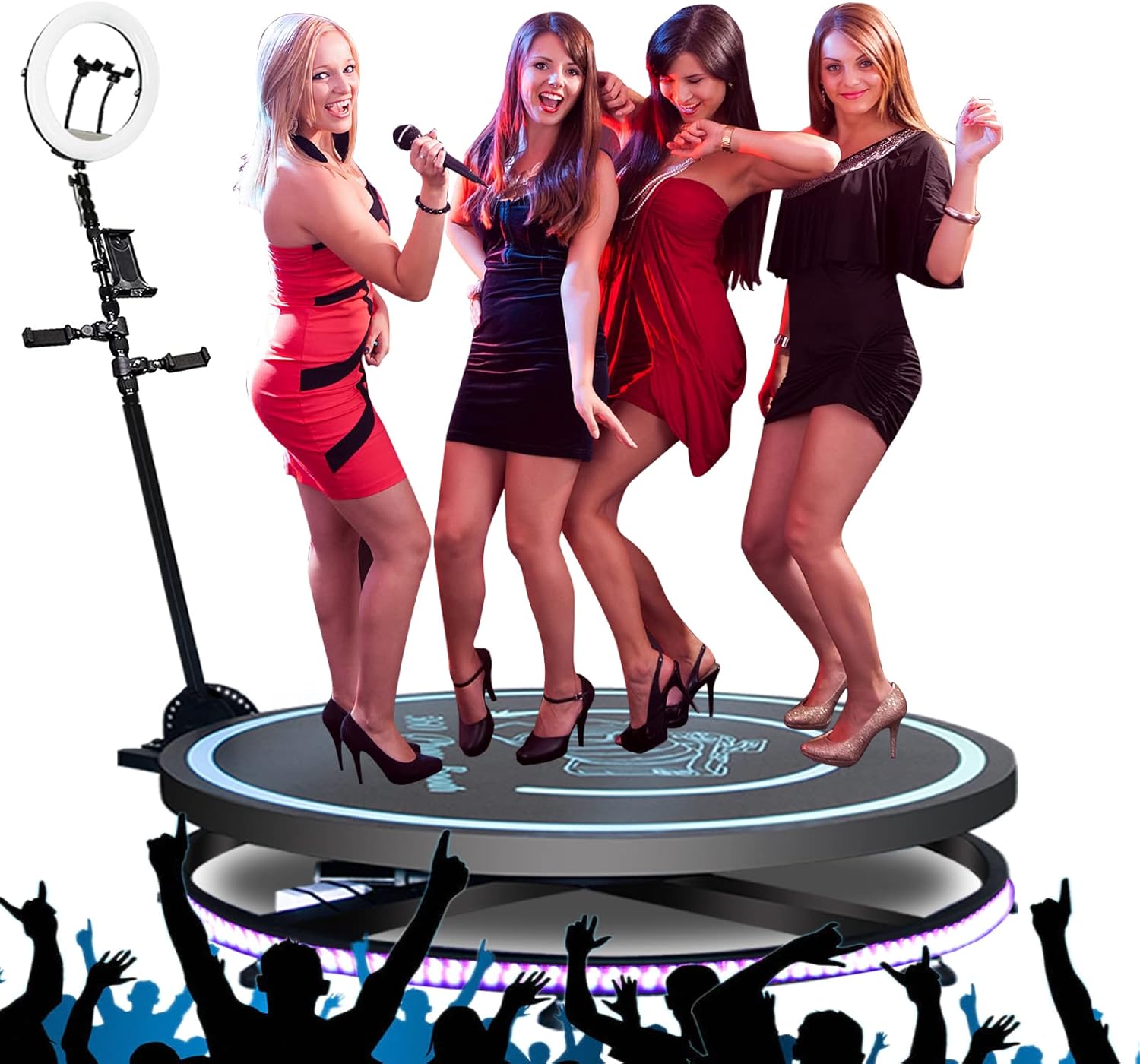 360 Photo Booth Machine for Parties with Free Logo Ring Light Selfie Holder Accessories,2 People Stand on Remote Control Automatic Spin 360 Video Camera Booth Platform Spinner 26.8” with Trolly