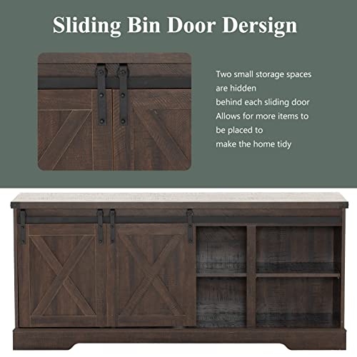 St.Mandyu Farmhouse TV Stand for TVs up to 65 inch, Wood Entertainment Center with Sliding Barn Doors, Media Console Storage Cabinets with Adjustable Shelves for Living Room Bedroom Office, Brown