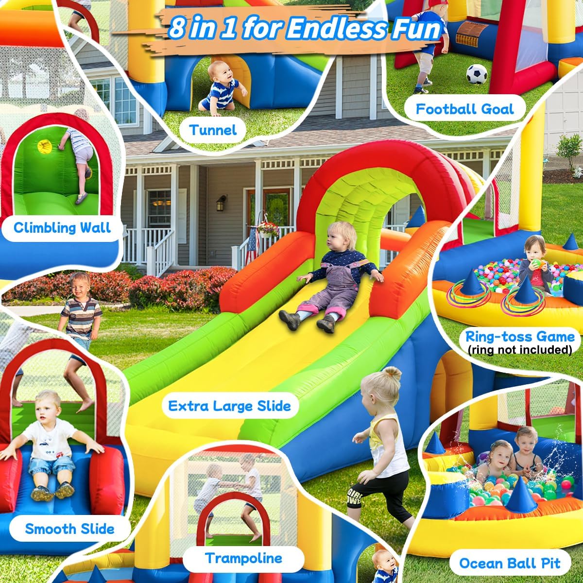 Inflatable Bounce House, 8 in 1 Large Bounce Castle with Blower for Kids and Toddlers, Outdoor Indoor Backyard Inflatable Bouncers with Two Slides