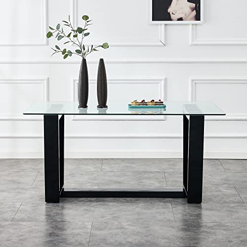 Glass Dining Table Set for 6, Modern Dining Room Table Set for 6, Kitchen Table Set for 6,Glass Dinner Table Set with Black Bracket Pedestal for Kitchen Dining Room