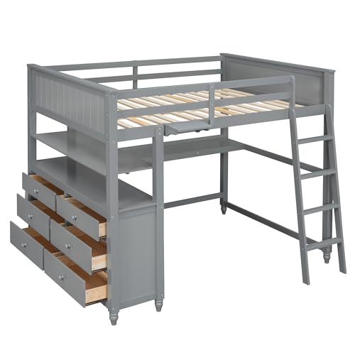 Gray Twin Loft Bed with Storage Cabinet and Desk, Wooden Loft Beds Frame with Bookcase and Shelves, Modern Twin size Loft Bunk Bed for Kids Teens Adults Boys & Girls (Twin, Gray)