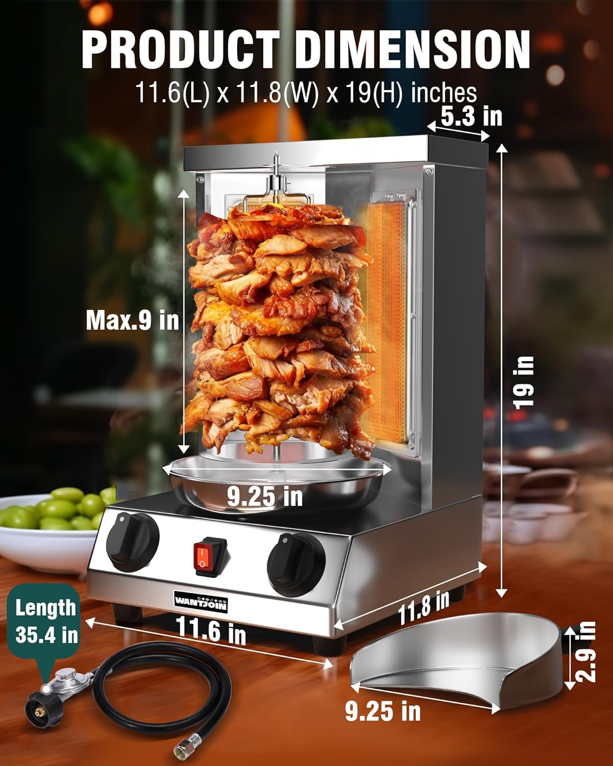WantJoin Shawarma Grill Machine, Gas Vertical Rotisserie with 2 Burners for Home, Countertop Rotating Doner Kebab Oven Broiler Gyro Maker with Shovel, 11.6 * 11.8 * 19 inches, 110V