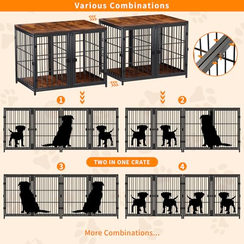 Heavy Duty Dog Crate Furniture: 84inch Wooden Dog Crates End Table Kennel with Three Doors and Removable Tray - Extra Large Puppy Indoor Training Playpen House Decorative Side Table Cage Rustic Brown