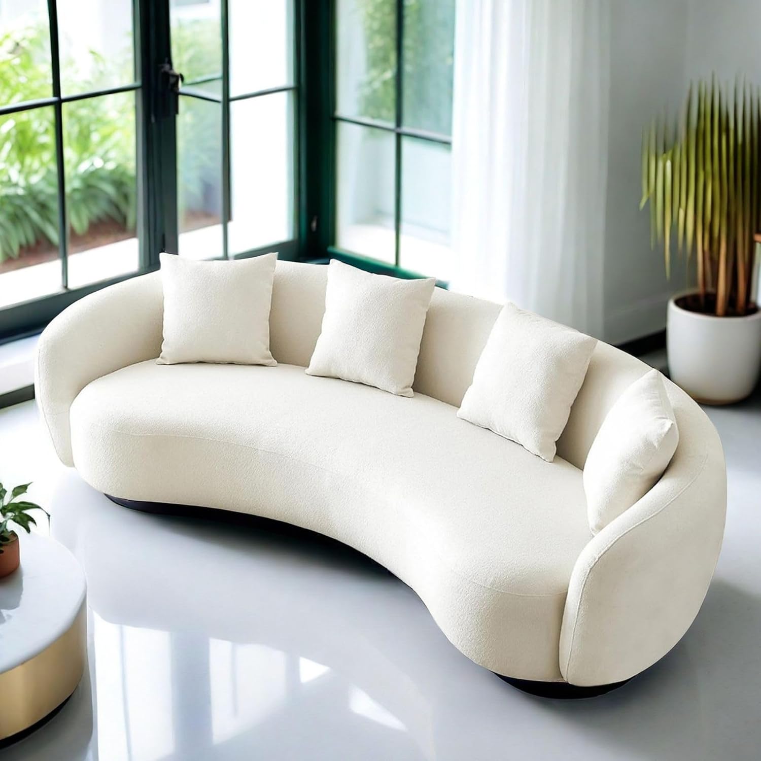 Teddy Fabric Curved, 101" Mid Century Modern Half Moon Sectional Cloud Luxury 4-Seat Sofa Couch with 4 Throw Pillows for Living Room Apartment, Bedroom, Office, withe