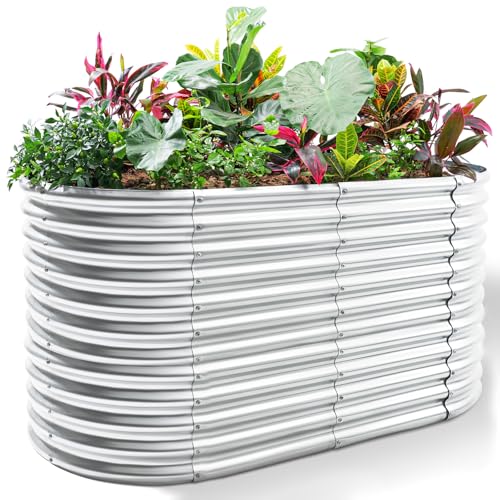 Land Guard 8x4x3ft Oval Galvanized Raised Garden Beds, Large-Capacity Metal Planter Box Outdoor, Durable Deep Raised Garden Bed 3ft Tall, Raised Beds for Gardening Vegetables, Cream Yellow