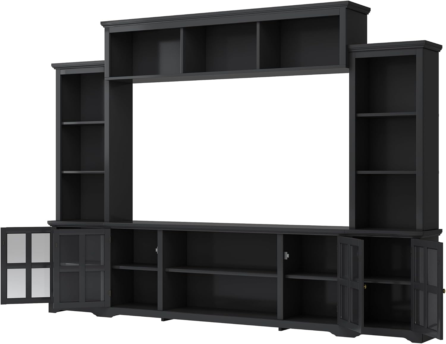 Entertainment Wall Unit with Bridge, Stand Media Console Table for TVs Up to 70" with Tempered Glass Door, Ample Storage Space for Living Room, 104 Inch, Black