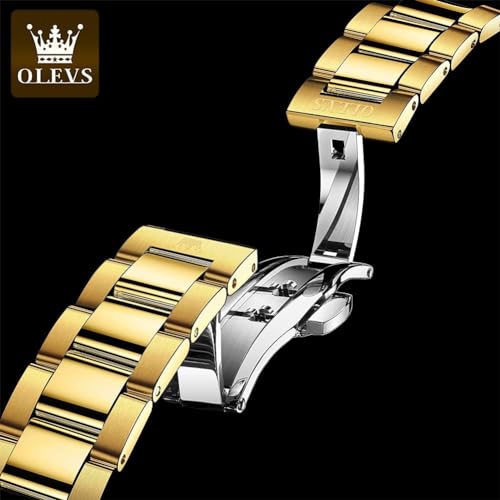 OLEVS Gold Watches for Men Automatic Self Winding Luxury Waterproof Watch Calendar Stainless Steel Business Luminous Men's Wrist Watch