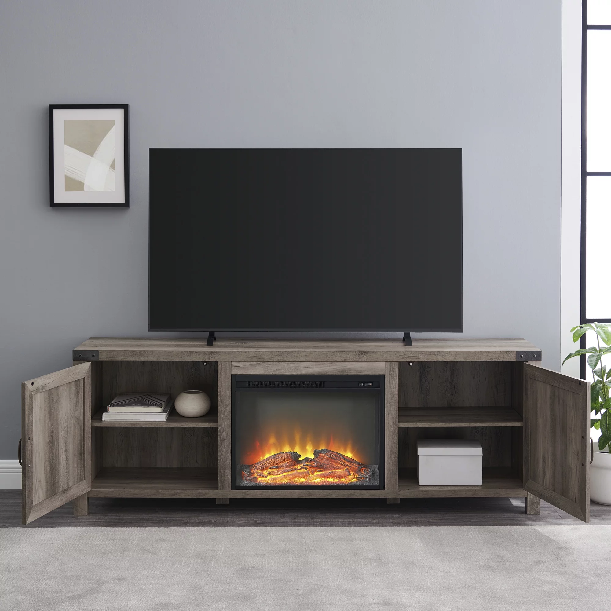Walker Edison Farmhouse Fireplace TV Stand for TVs up to 80”, Grey Wash