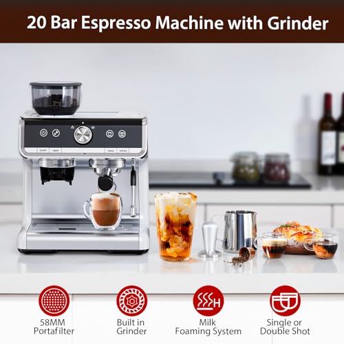 Espresso Machine with Grinder, 20 Bar Espresso Maker with Milk Frother Steam Wand, Professional Cappuccino Latte Maker, Gifts for Dad, Mom, Coffee Lover or Housewarming