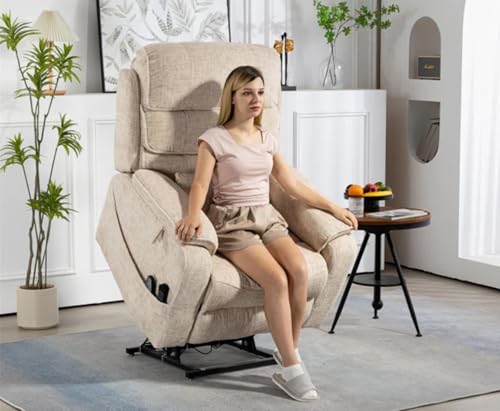 Light Grey Recliner Chair for Elderly | Tall and Big Man 400lbs | Chenille | Power Lift, Lay Flat, Stand Up, Wireless Charging Device, Extended Footrest, Massage Heat, Cup Holder, Lumbar Pillow