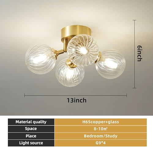 Semi Flush Mount Bubble Ball Chandelier Lighting, Dia 13" 4-Light Gild Brass and Clear Ripple Blown Glass Globe Farmhouse Chandelier Close to Ceiling Light Fixtures for Bedroom Bathroom