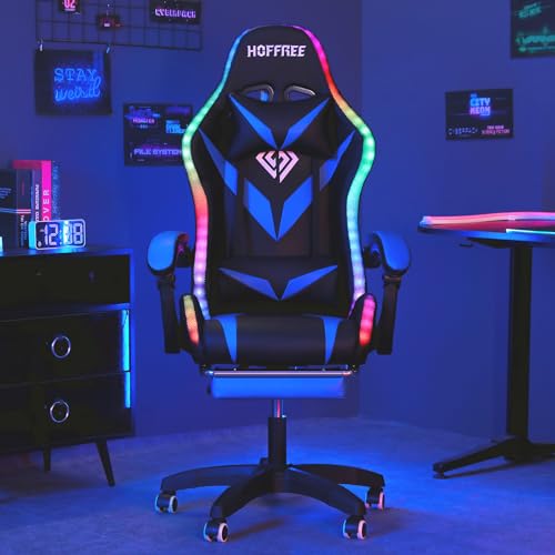 HOFFREE Gaming Chair Massage with Bluetooth Speakers and Led Lights Ergonomic Computer Gaming Chair with Footrest RGB Video Game Chair with High Back Lumbar Support Blue and Black