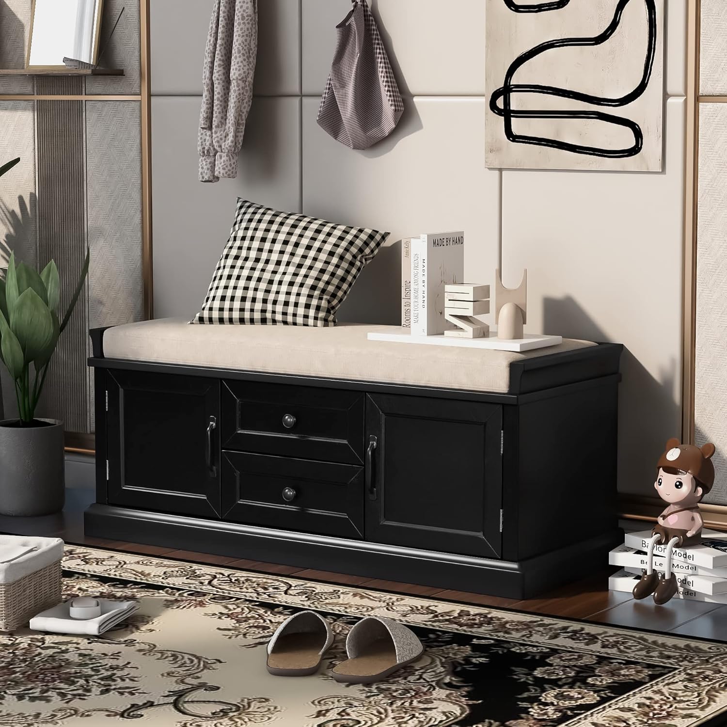 NicBex Storage Bench with 2 Drawers and 2 Cabinets Modern Seat Bench with Storage and Seating Bench,Shoe Storage Organizer with Removable Cushion for Living Room, Entryway, Black