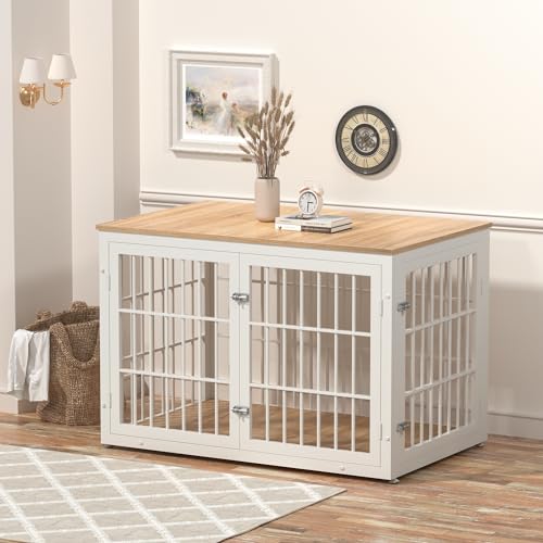 48 Inch Heavy Duty Dog Crate Furniture for Large Dogs, Decorative Pet House End Table, Extra Large Wooden Cage Kennel Furniture Indoor, Natural and White